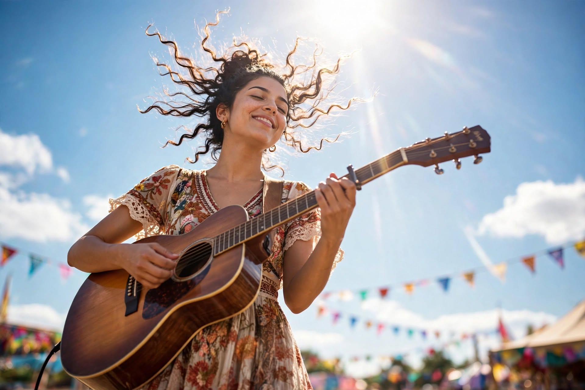 Nele Wolff spielt Gitarre im Gegenlicht, die Haare vom Wind hochgeweht.